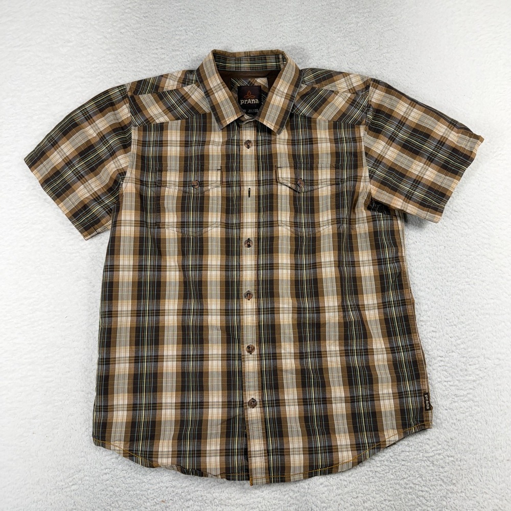 Prana Shirt Men L Brown Plaid Short Sleeve Outdoor Gorpcore Hiking Missn Button*